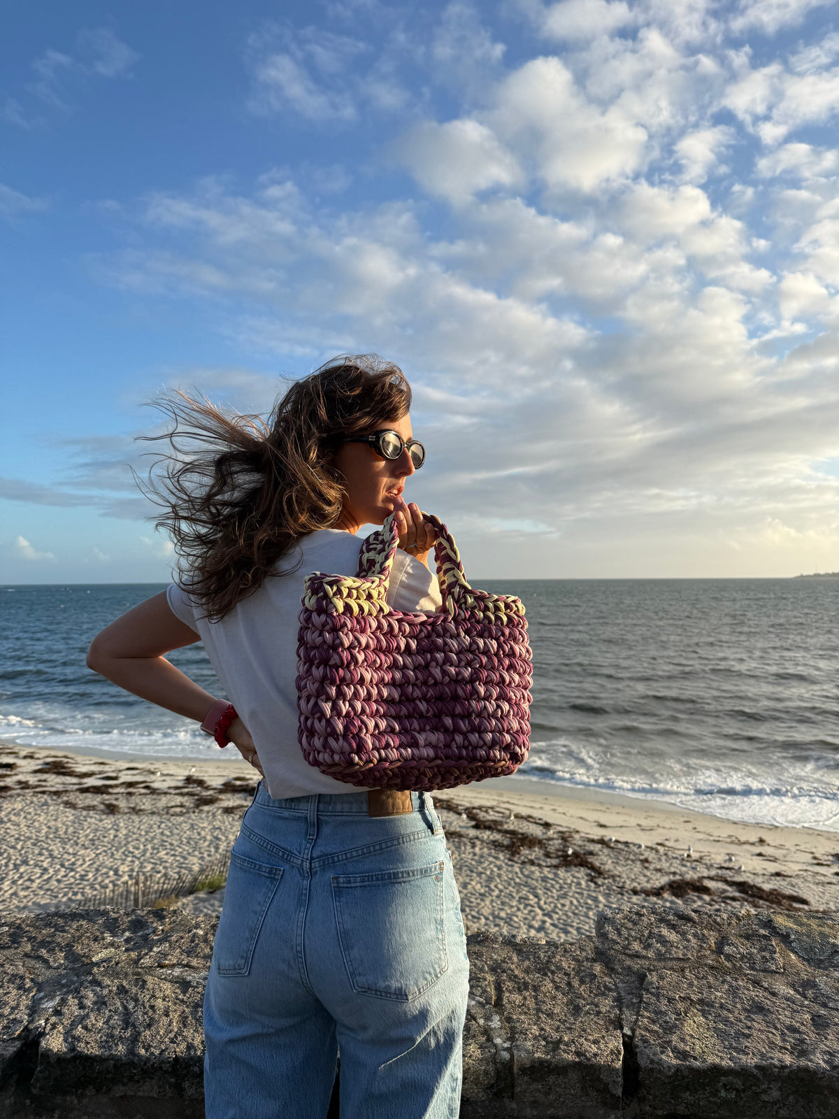 Sac cabas en crochet violet et jaune, fait main en coton recyclé