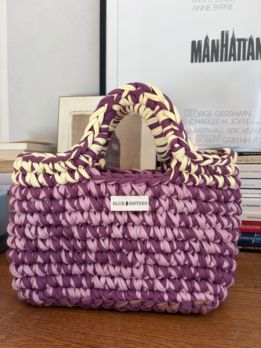 Sac cabas en crochet violet et jaune, fait main en coton recyclé