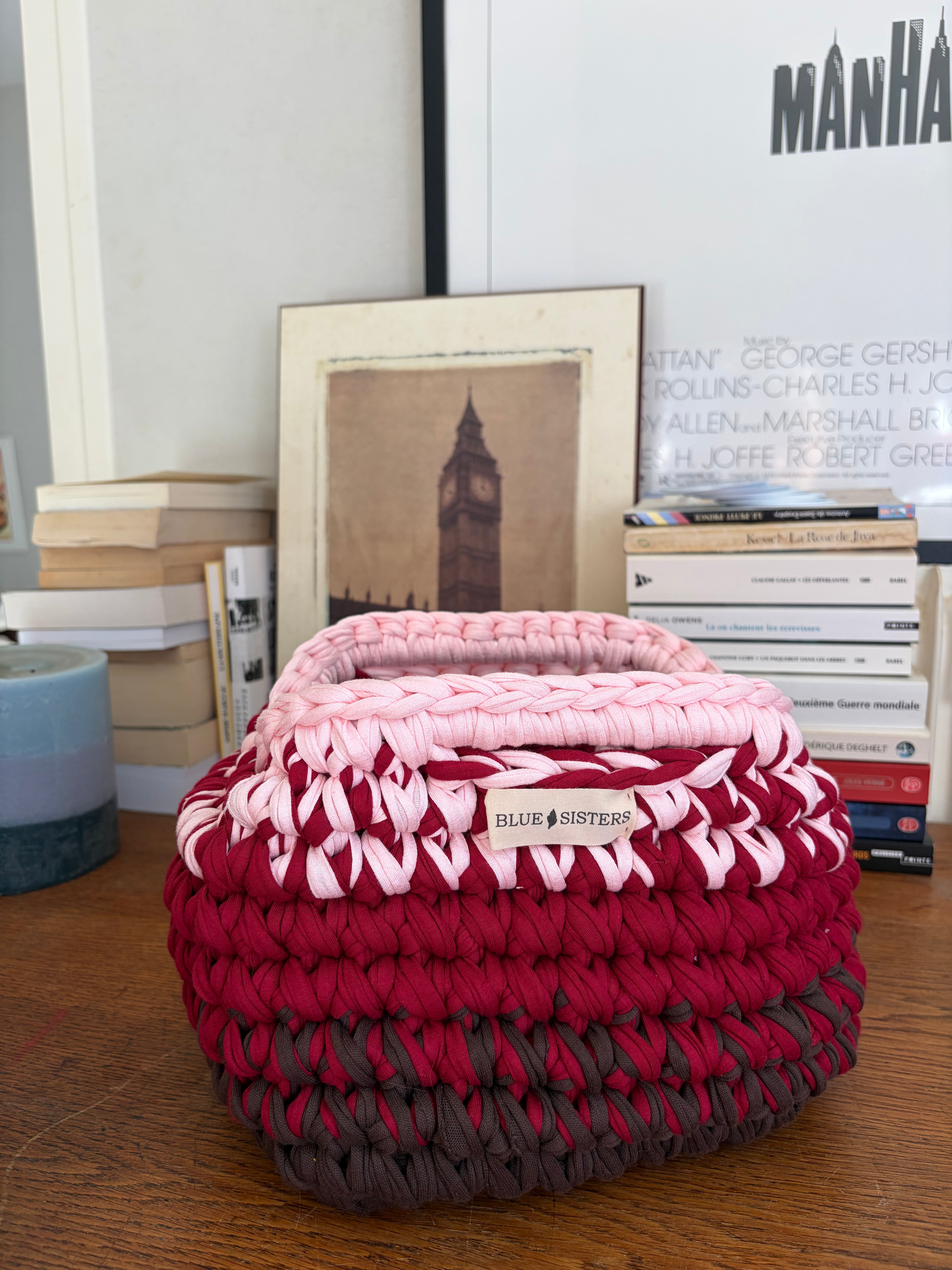 Pochette clutch en crochet bordeaux, chocolat et rose pâle, faite main en coton recyclé
