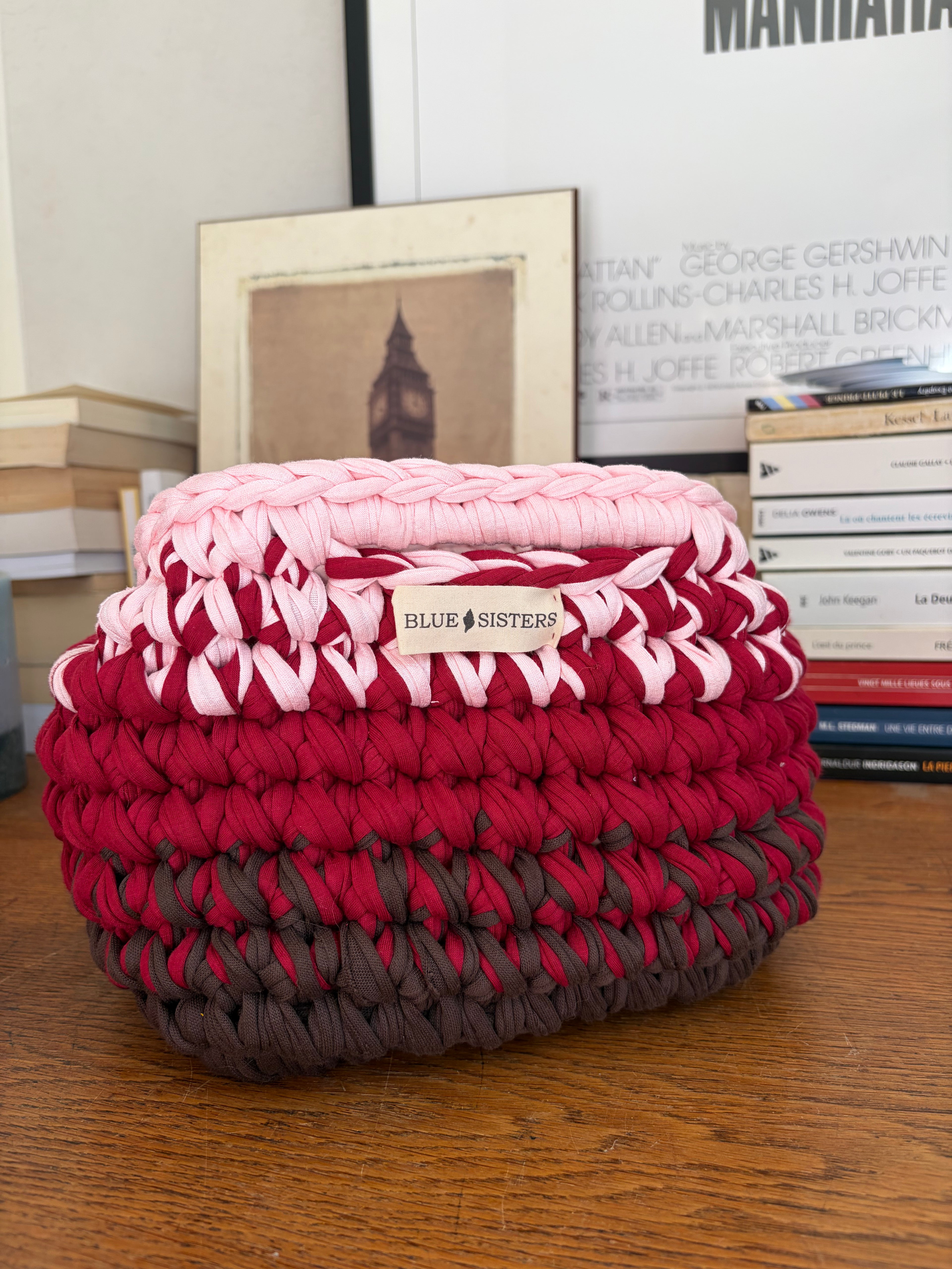 Pochette clutch en crochet bordeaux, chocolat et rose pâle, faite main en coton recyclé
