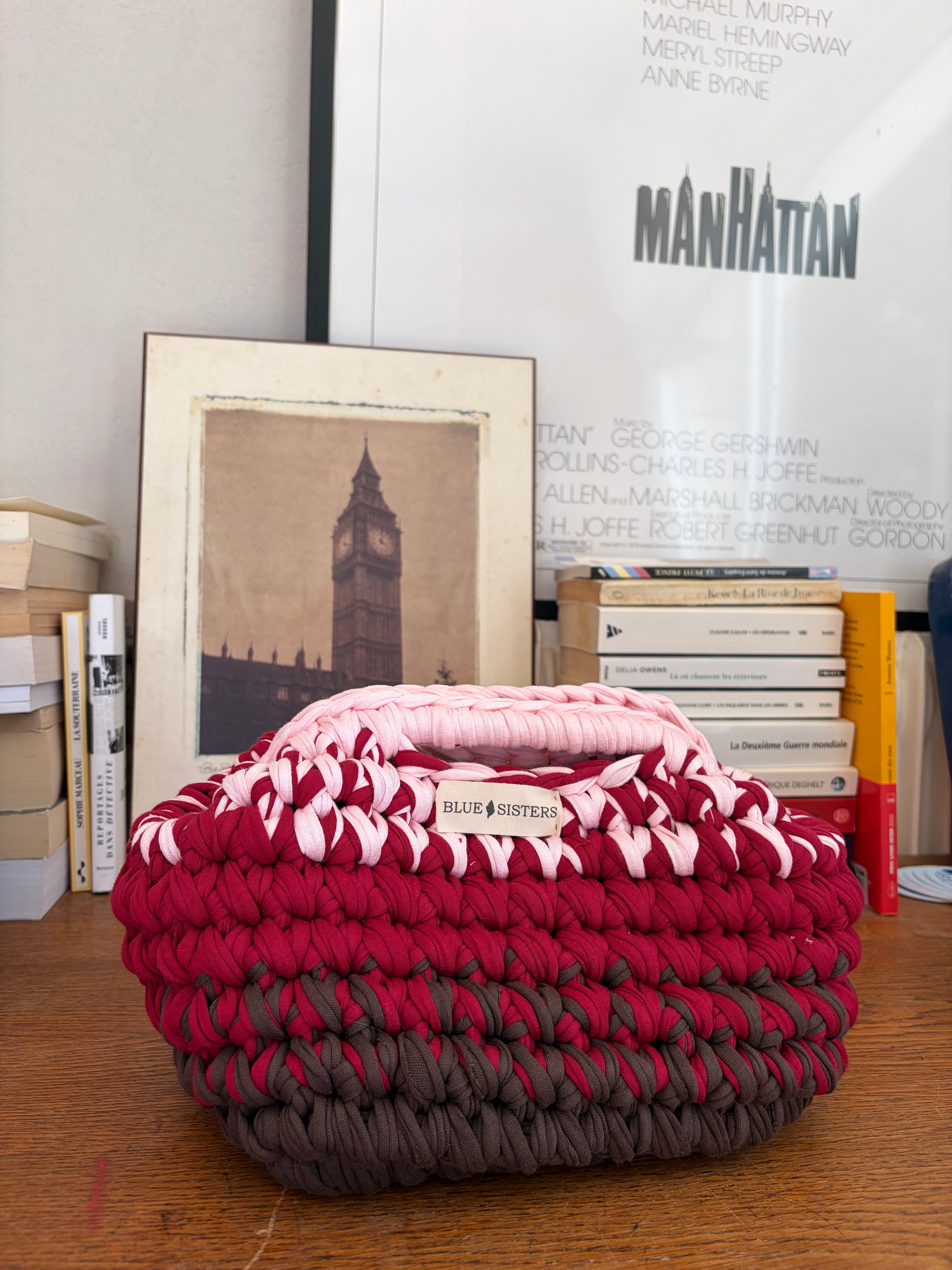 Pochette clutch en crochet bordeaux, chocolat et rose pâle, faite main en coton recyclé

