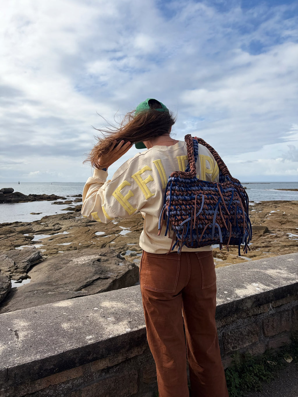Grand sac cabas en crochet bleu et marron, style western, fait main