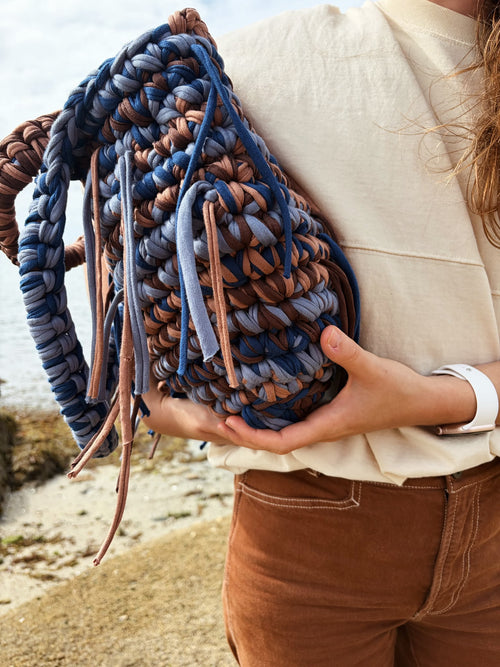 Grand sac cabas en crochet bleu et marron, style western, fait main