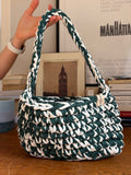 Sac épaule en crochet vert sapin et blanc avec anse tressée, fait main en coton recyclé