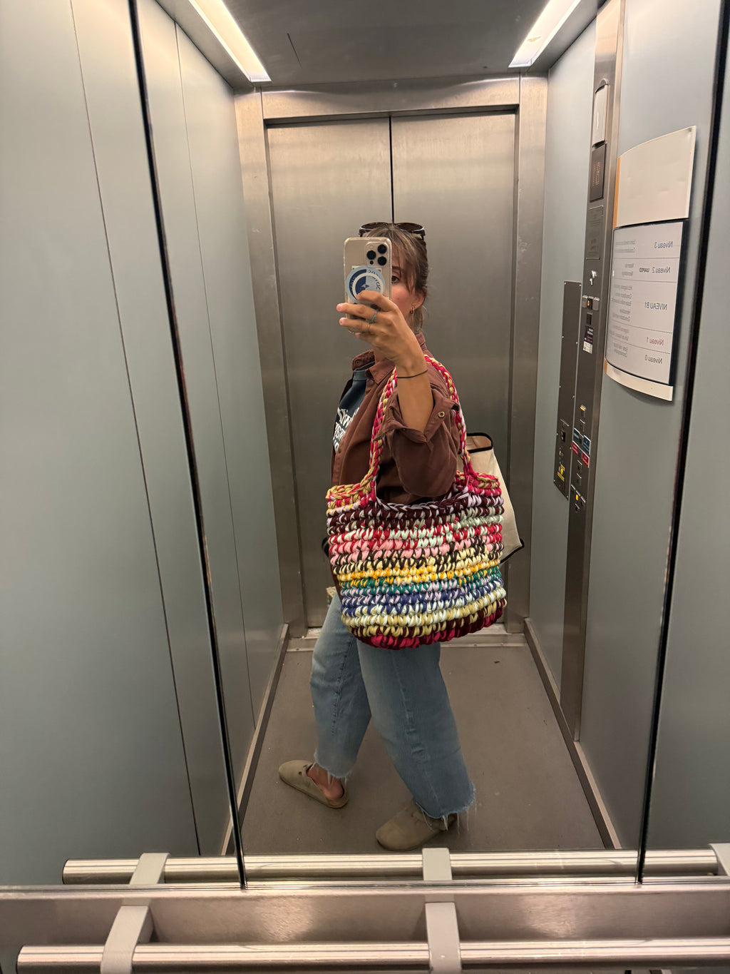 Grand sac cabas en crochet multicolore, fait main en coton recyclé