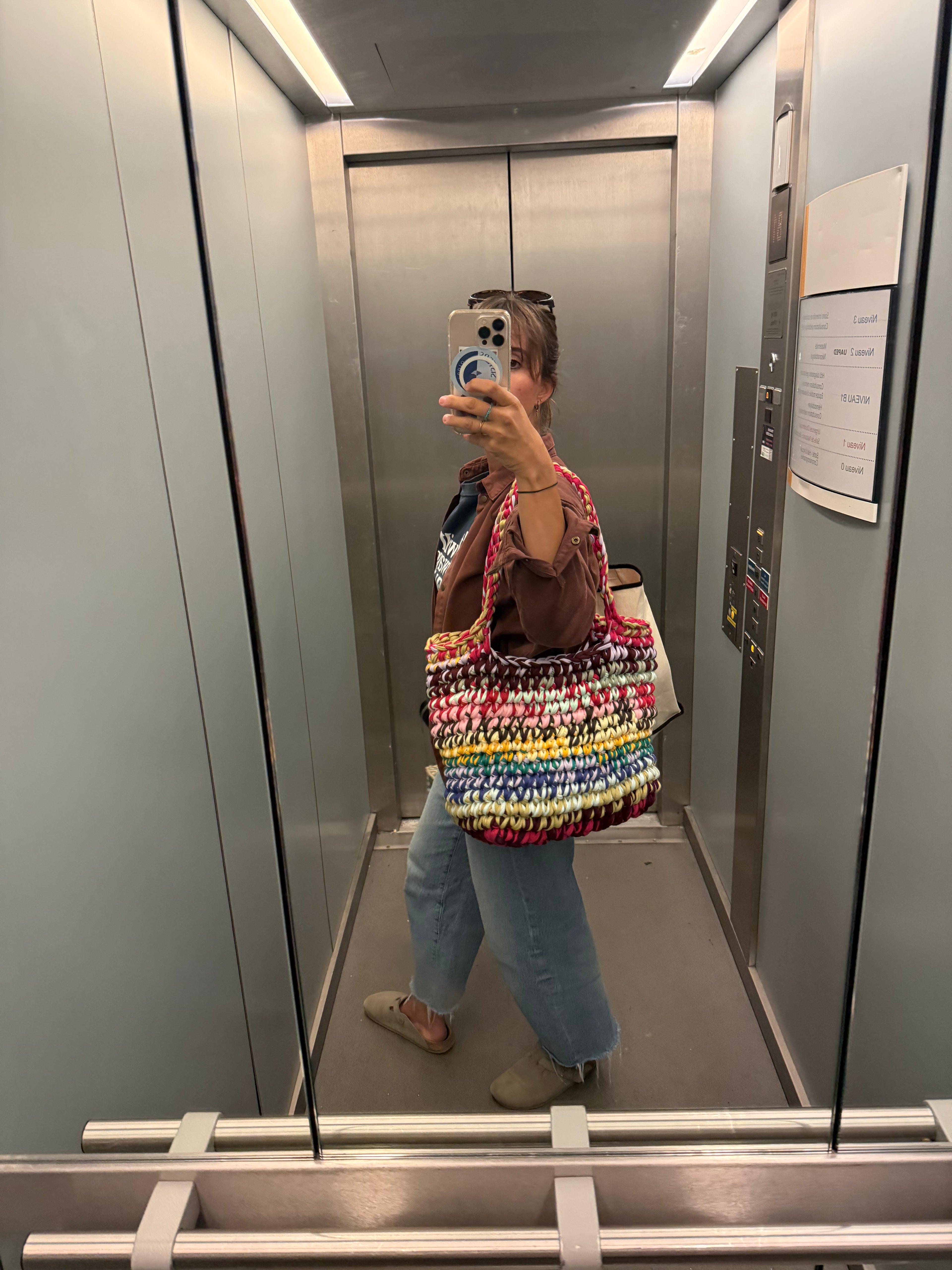 Grand sac cabas en crochet multicolore, fait main en coton recyclé