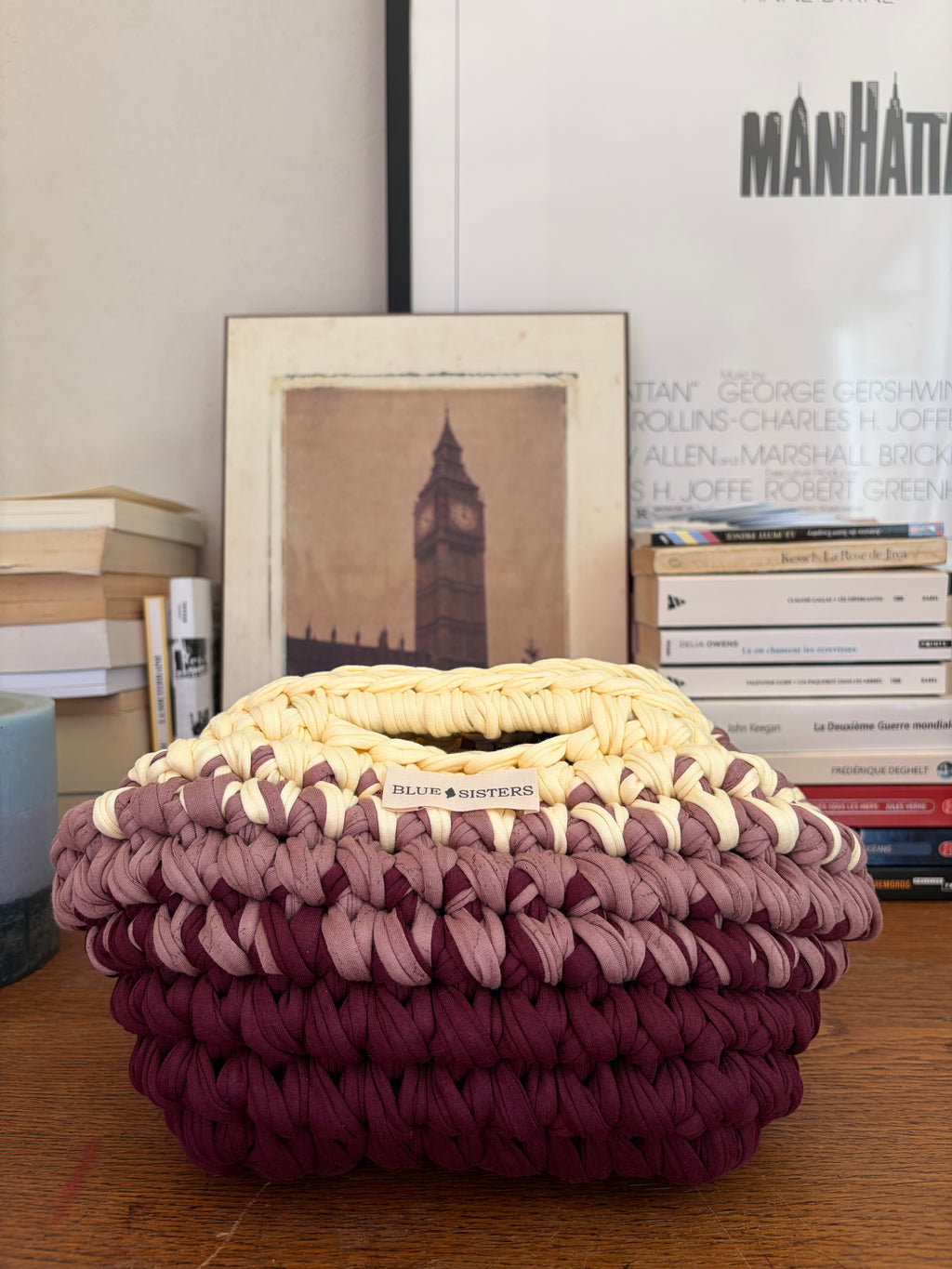 Pochette clutch en crochet en dégradé prune, mauve et jaune vanille, faite main en coton recyclé