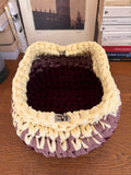 Pochette clutch en crochet en dégradé prune, mauve et jaune vanille, faite main en coton recyclé