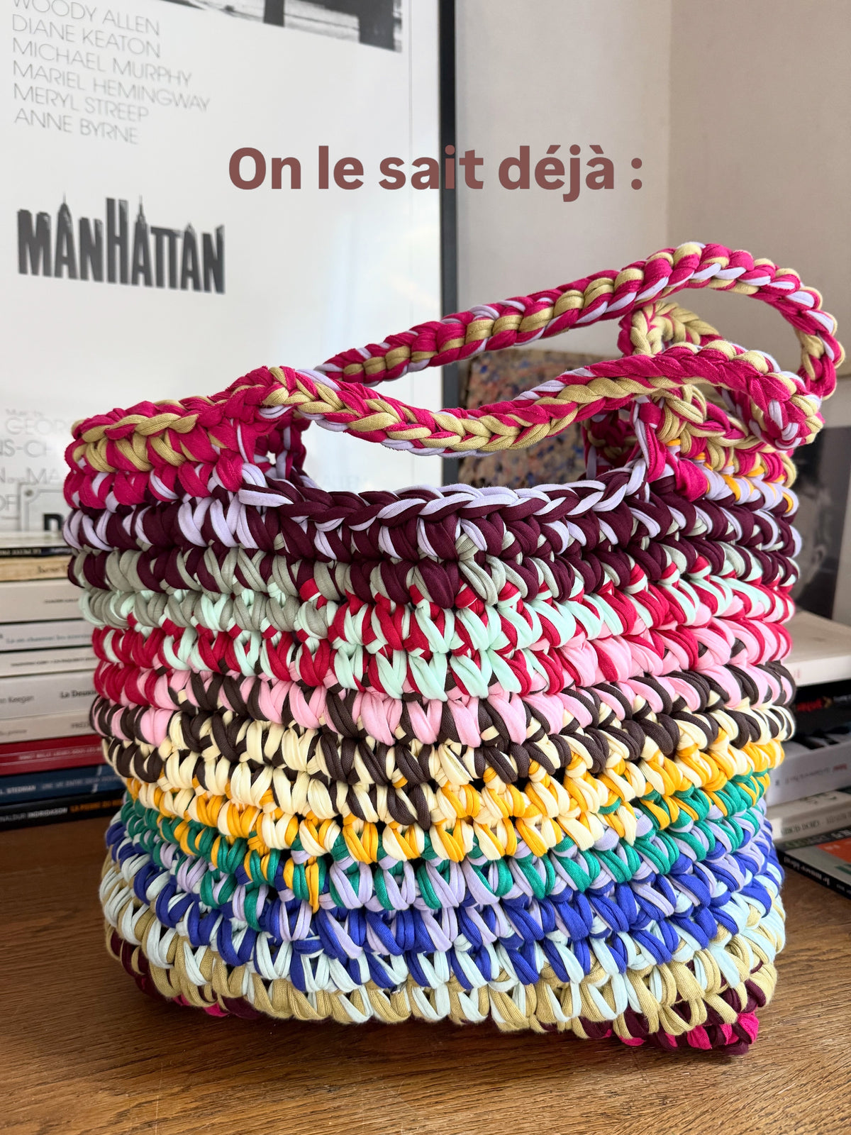 Grand sac cabas en crochet multicolore, fait main en coton recyclé